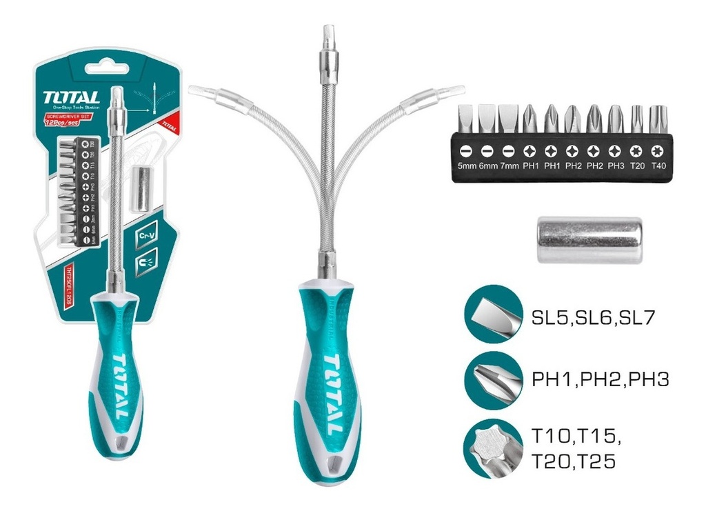 Destornillador Flexible Con 12 Puntas Total