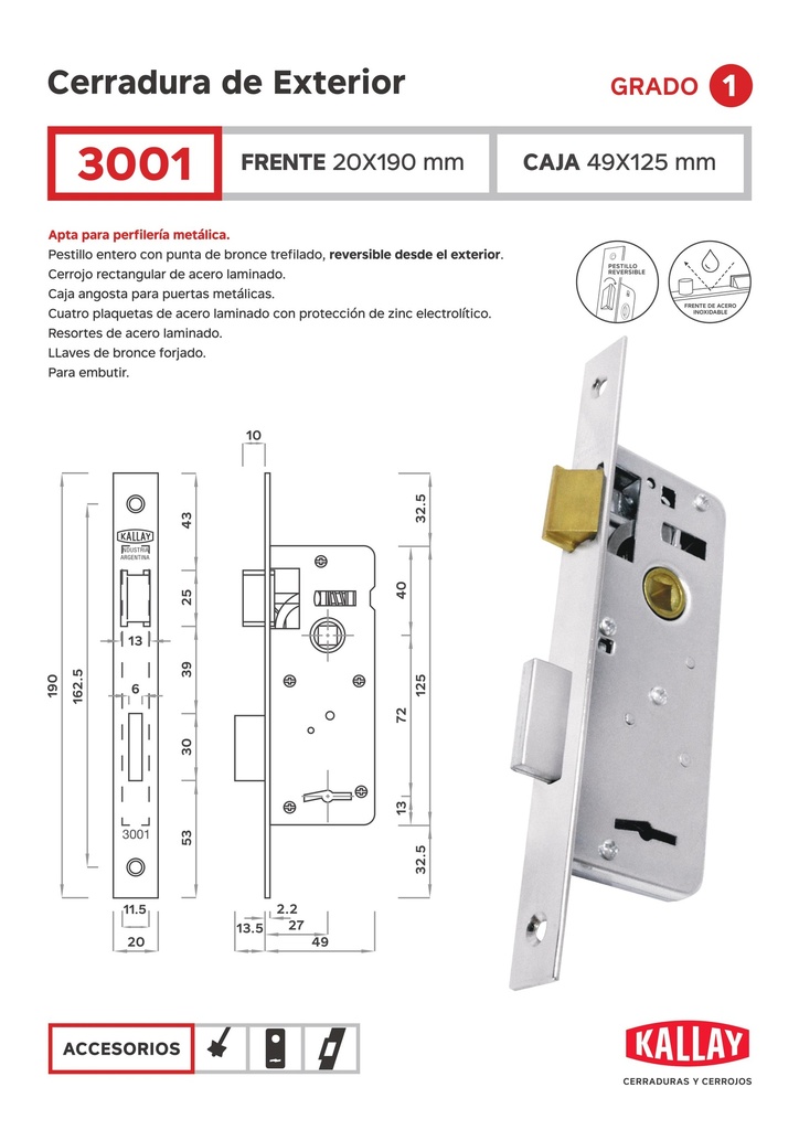 Kallay 3001 Cerradura Embut Liv Ac Inox Pta Cuadrada