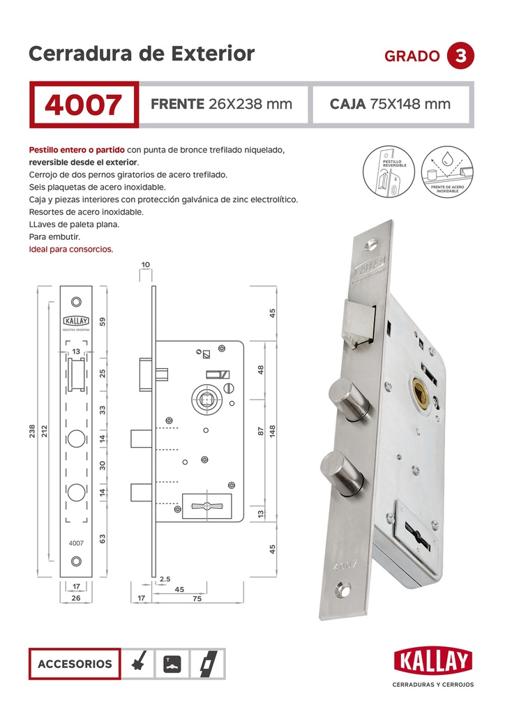 Kallay 4007 Cerradura Emb Ref Seg Inox Liv Plana