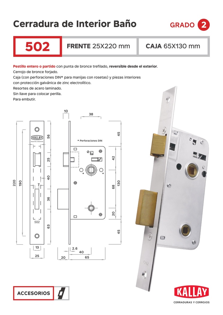 Kallay  502 Cerradura Embutir Ref. Baño H NiPta Cuad
