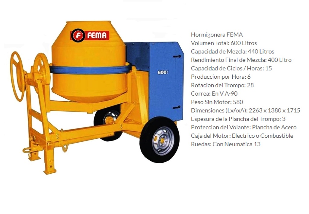 Hormigonera 600Lts 2 Ruedas 13" Sin Motor